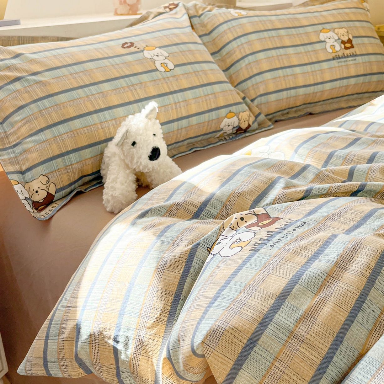 91家纺网 家纺一手货源 找家纺 涵宸家纺 2026新款全棉印花小清新四件套 自拍小狗