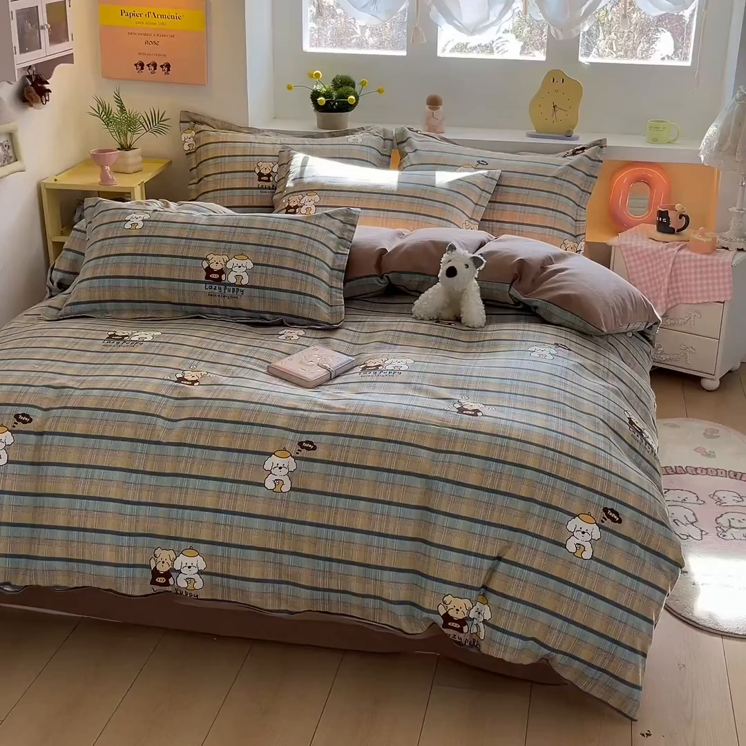 91家纺网 家纺一手货源 找家纺 涵宸家纺 2026新款全棉印花小清新四件套 自拍小狗