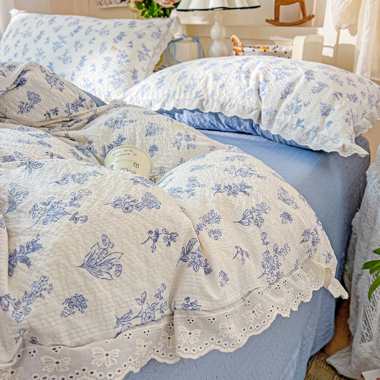 91家纺网 家纺一手货源 找家纺 一比一家纺 2026新款泡芙纱花边四件套 清雅