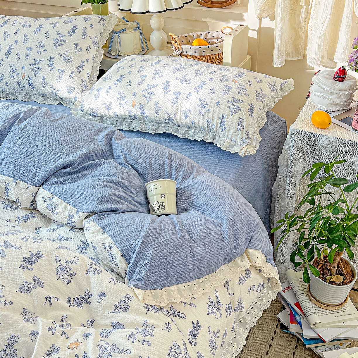 91家纺网 家纺一手货源 找家纺 一比一家纺 2026新款泡芙纱花边四件套 清雅