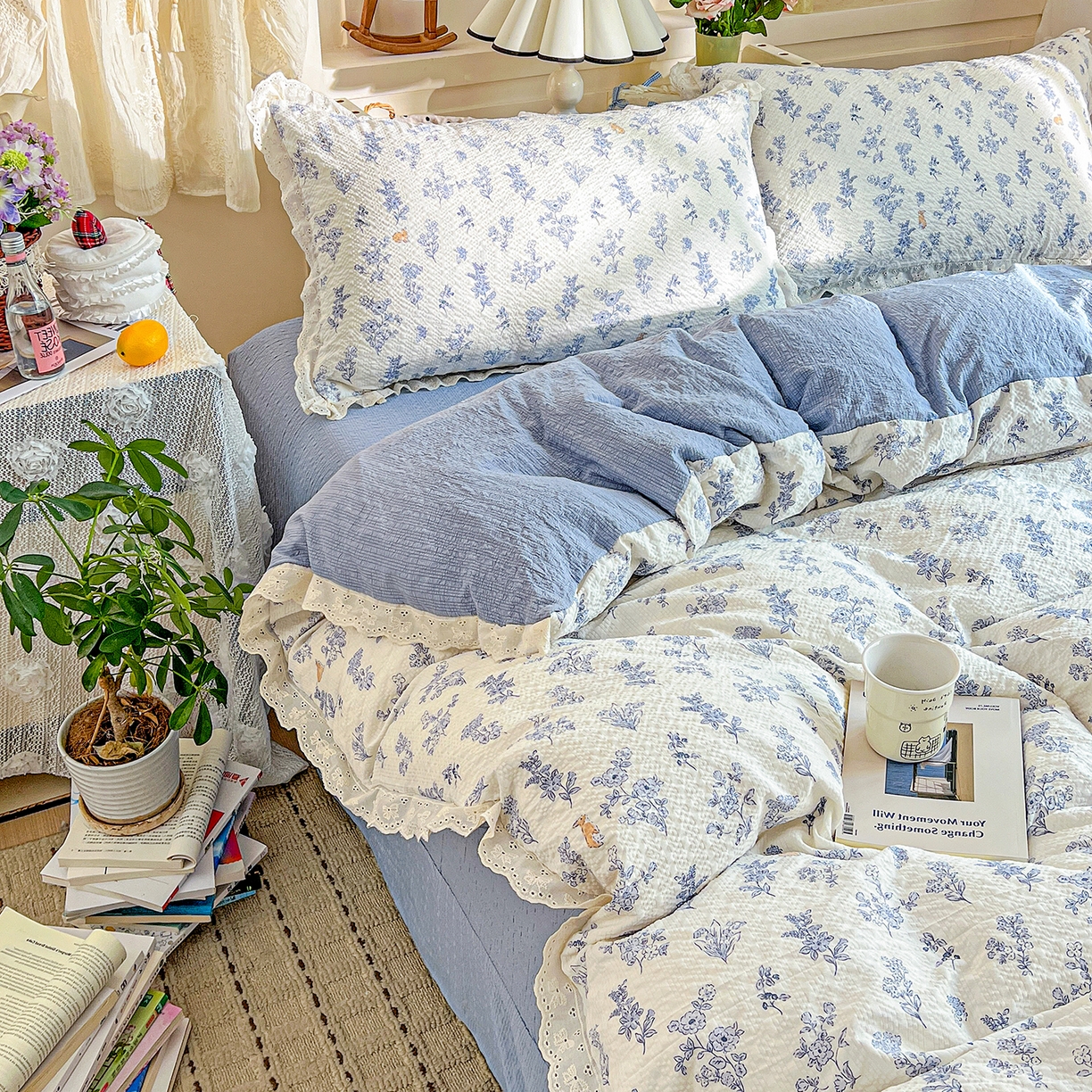 91家纺网 家纺一手货源 找家纺 一比一家纺 2026新款泡芙纱花边四件套 清雅