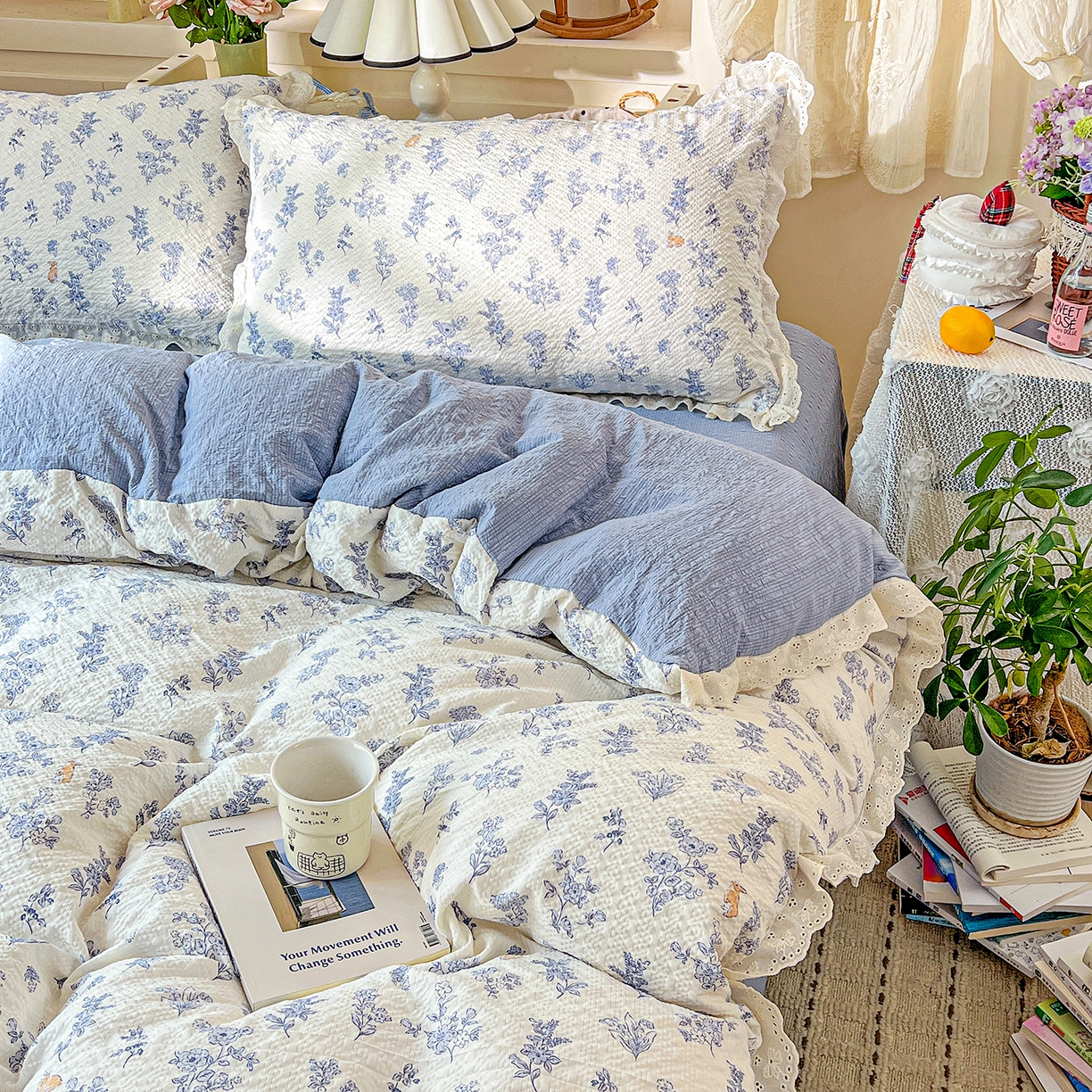 91家纺网 家纺一手货源 找家纺 一比一家纺 2026新款泡芙纱花边四件套 清雅