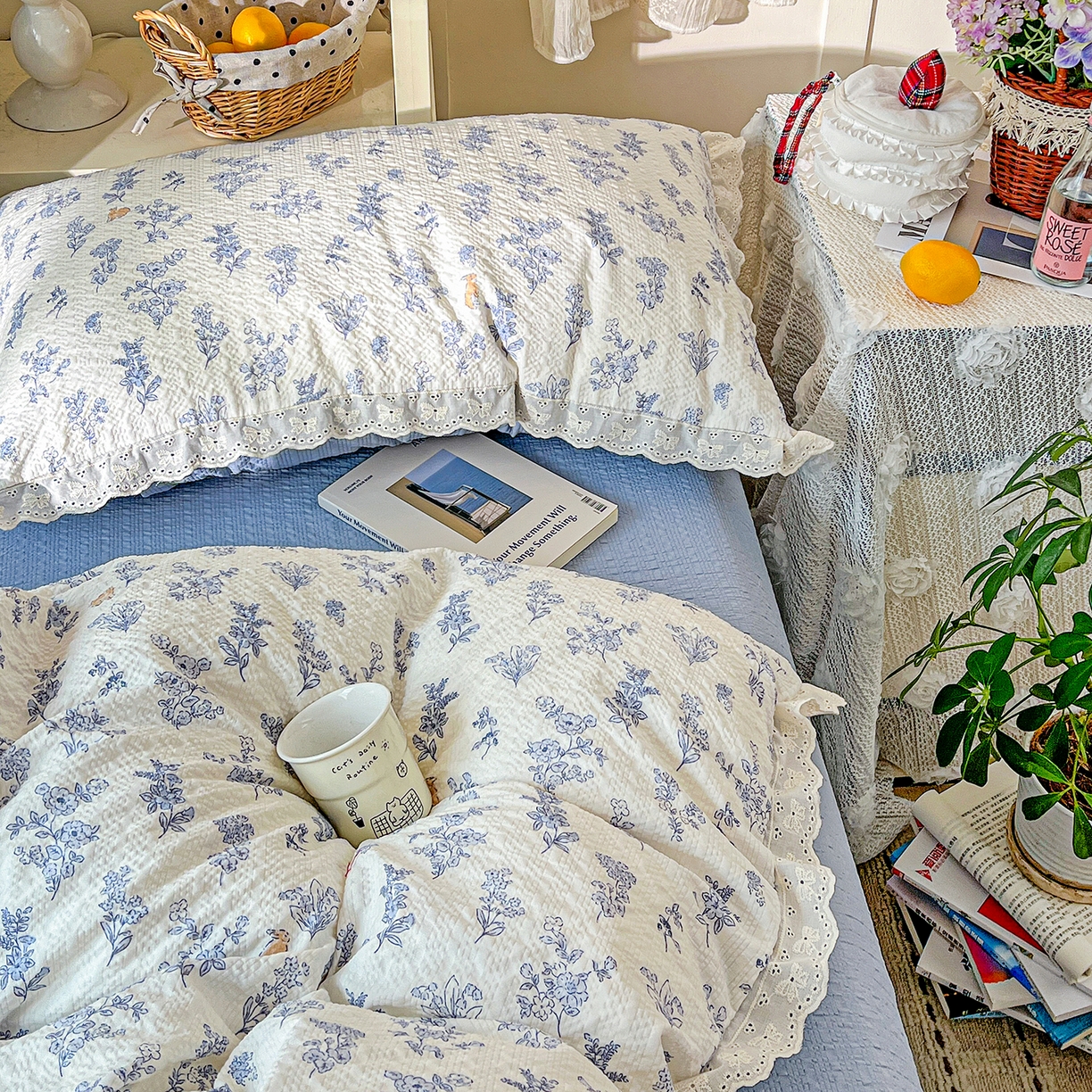 91家纺网 家纺一手货源 找家纺 一比一家纺 2026新款泡芙纱花边四件套 清雅