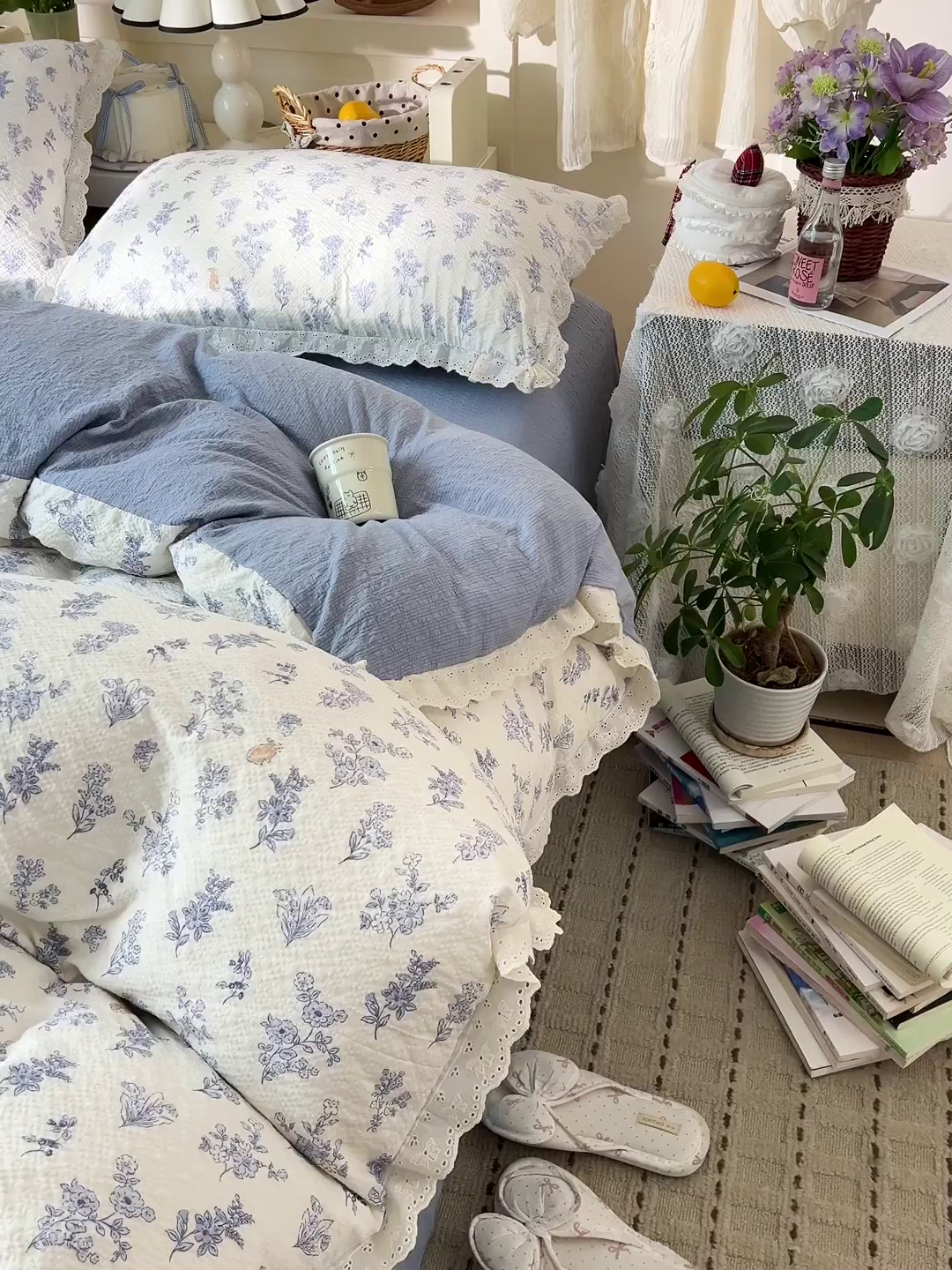 91家纺网 家纺一手货源 找家纺 一比一家纺 2026新款泡芙纱花边四件套 清雅