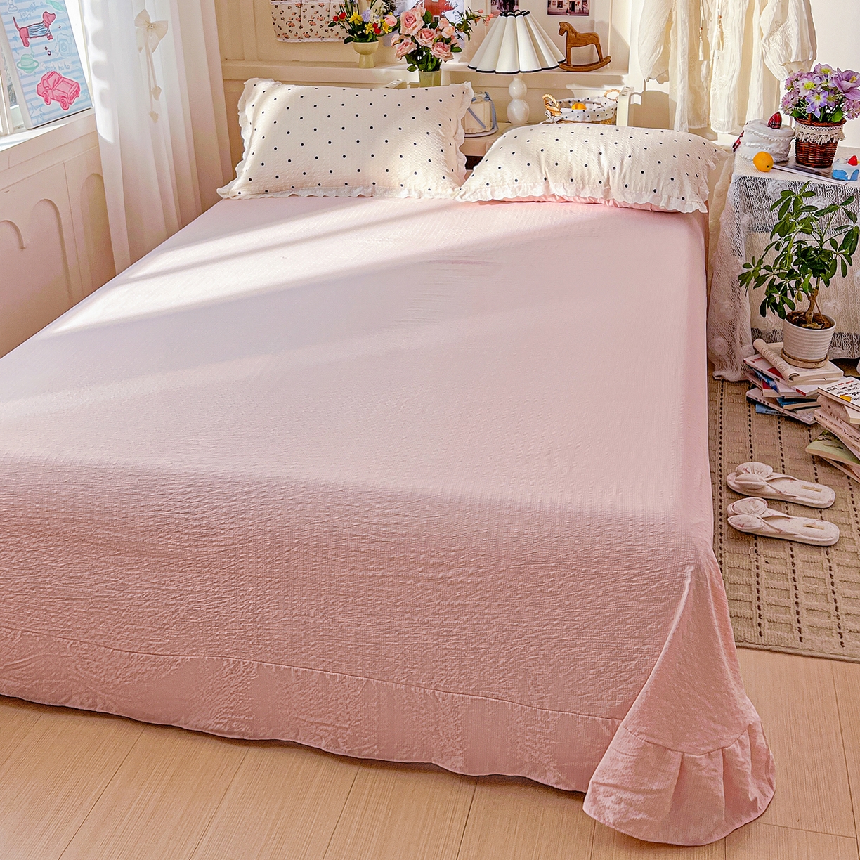 91家纺网 家纺一手货源 找家纺 一比一家纺 2026新款泡芙纱花边四件套 情书