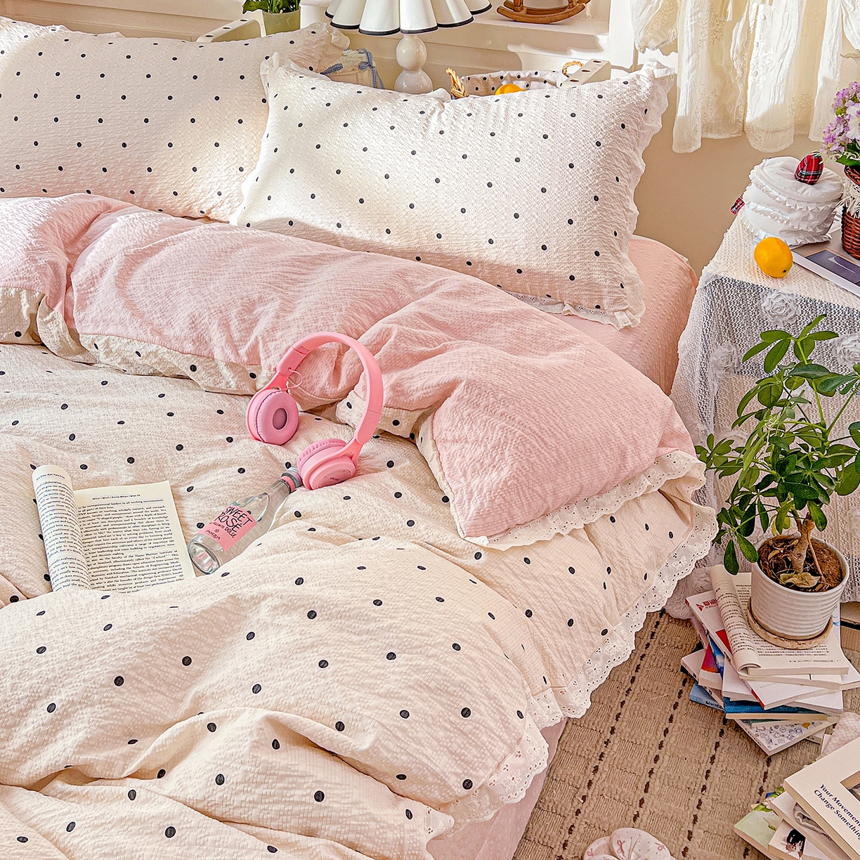 91家纺网 家纺一手货源 找家纺 一比一家纺 2026新款泡芙纱花边四件套 情书