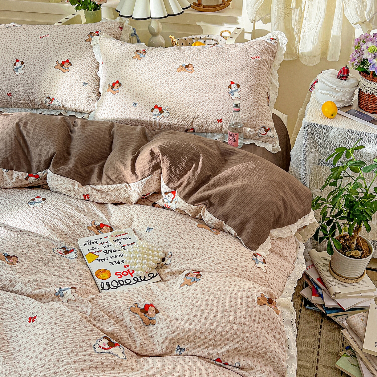 91家纺网 家纺一手货源 找家纺 一比一家纺 2026新款泡芙纱花边四件套 小欢喜