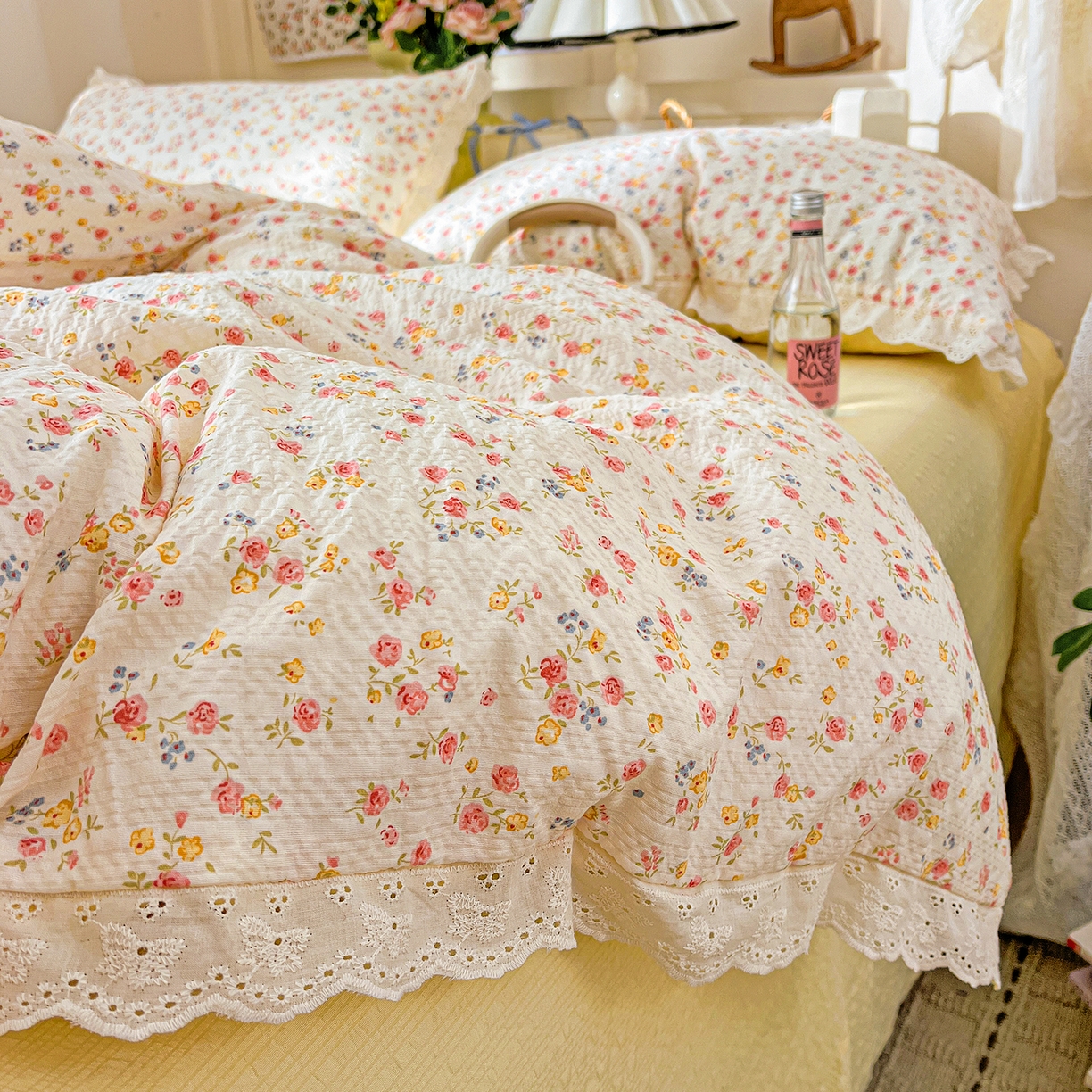 91家纺网 家纺一手货源 找家纺 一比一家纺 2026新款泡芙纱花边四件套 心愿