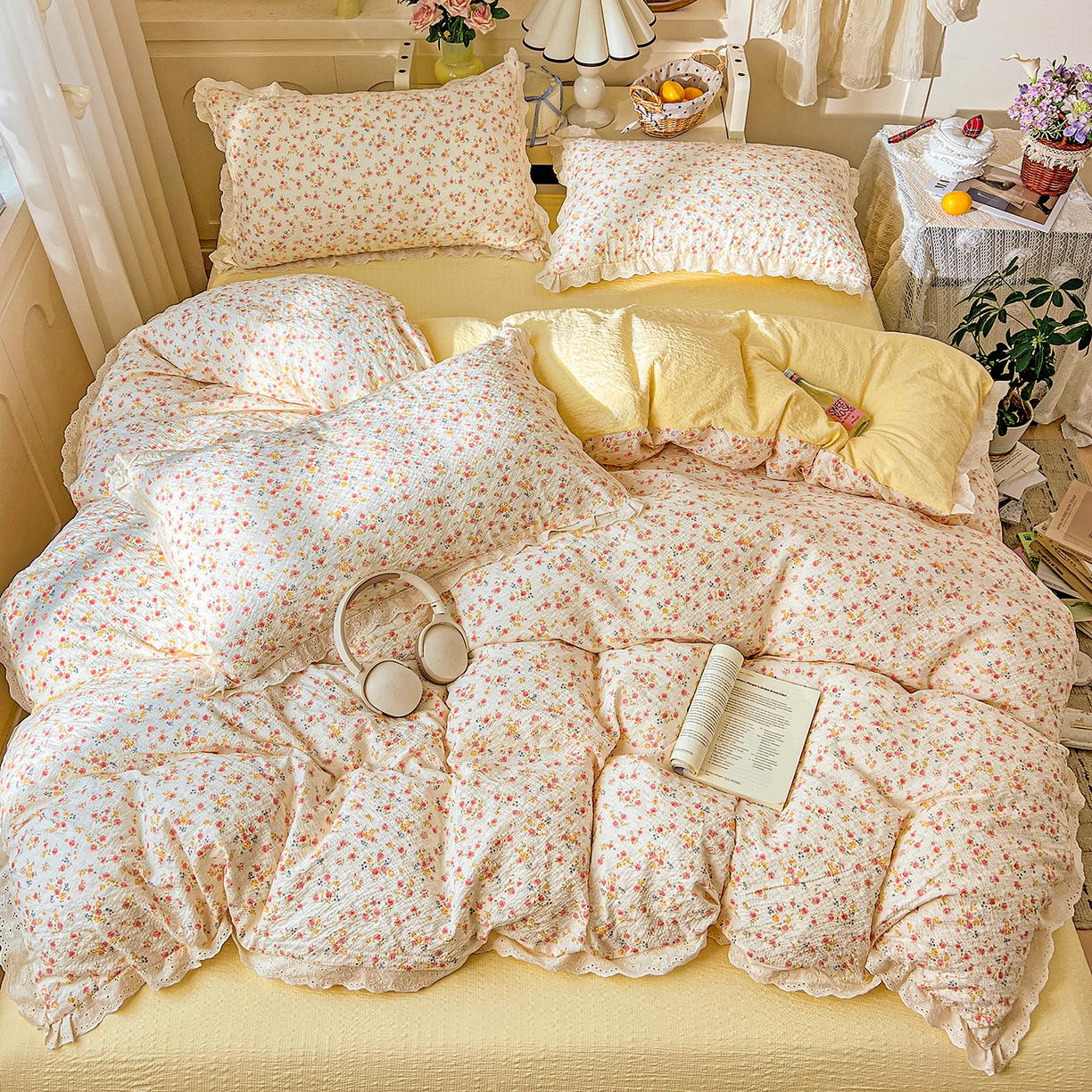 91家纺网 家纺一手货源 找家纺 一比一家纺 2026新款泡芙纱花边四件套 心愿