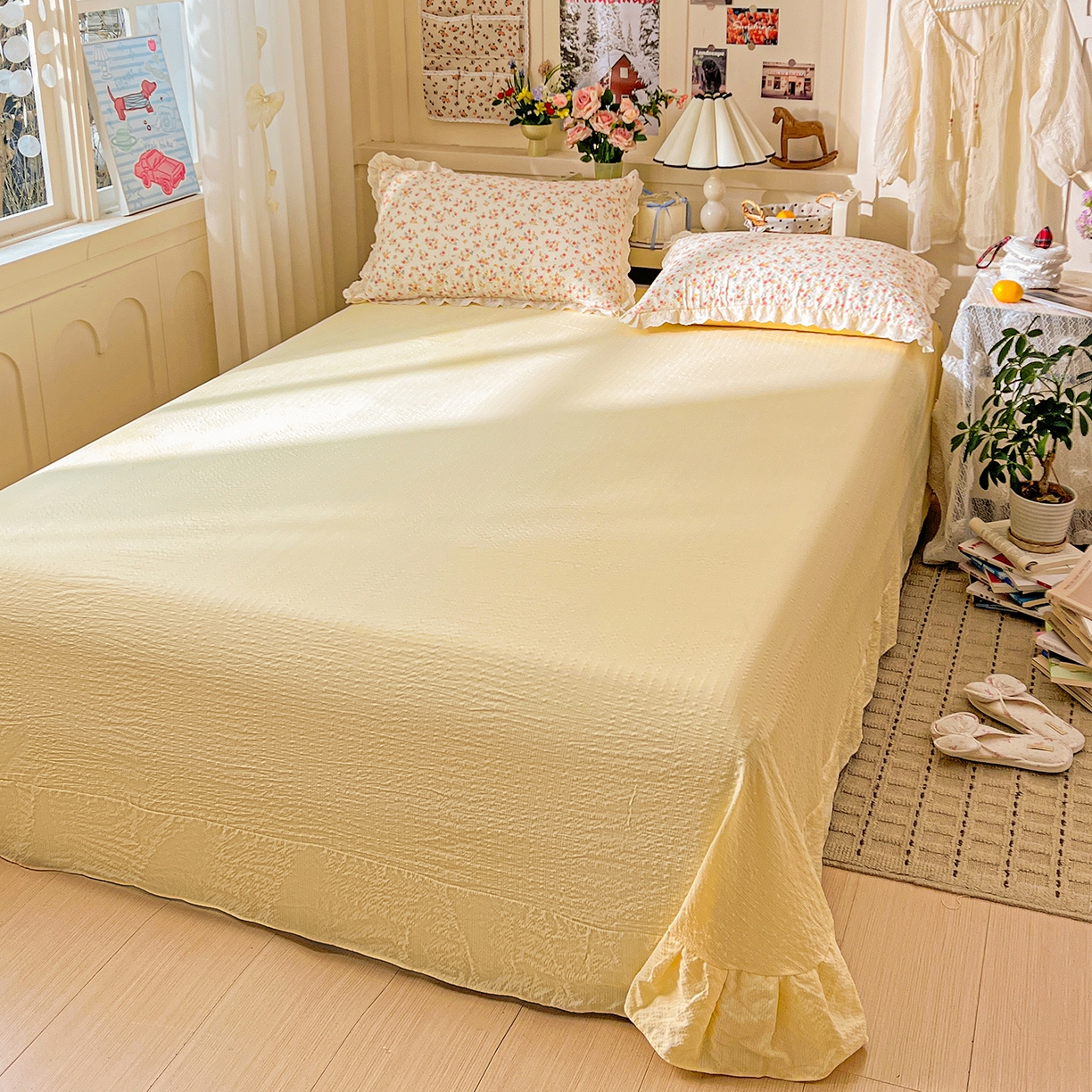 91家纺网 家纺一手货源 找家纺 一比一家纺 2026新款泡芙纱花边四件套 心愿