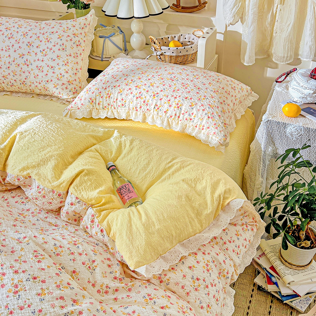 91家纺网 家纺一手货源 找家纺 一比一家纺 2026新款泡芙纱花边四件套 心愿