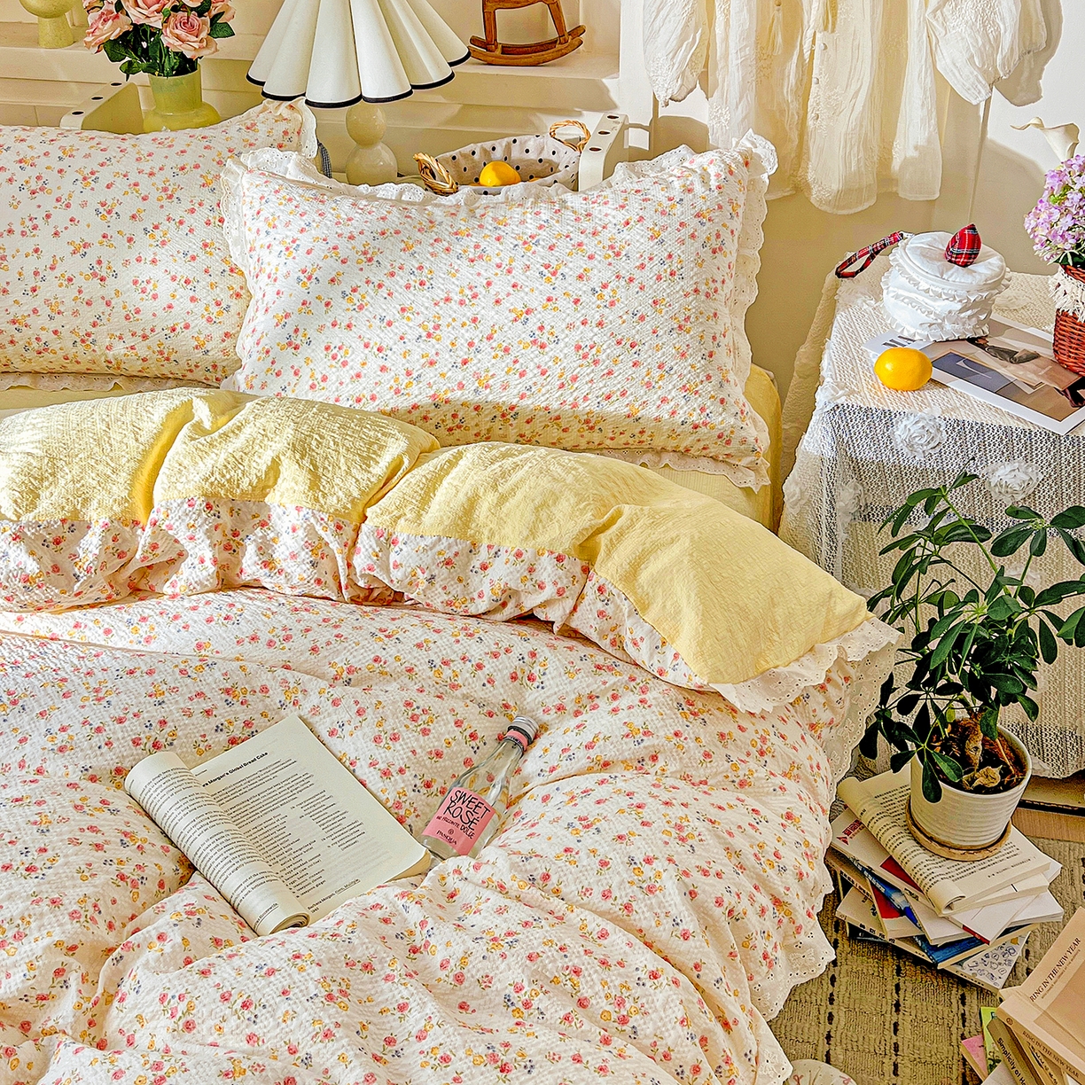 91家纺网 家纺一手货源 找家纺 一比一家纺 2026新款泡芙纱花边四件套 心愿