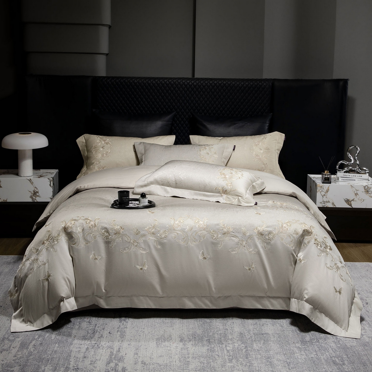 91家纺网 家纺一手货源 找家纺 爱妮菲家纺 2026高端新品A类100支长绒棉纯棉四件套100全棉厚织提花高档重工刺绣被套床单床笠床上用品 觅棠-迷雾灰