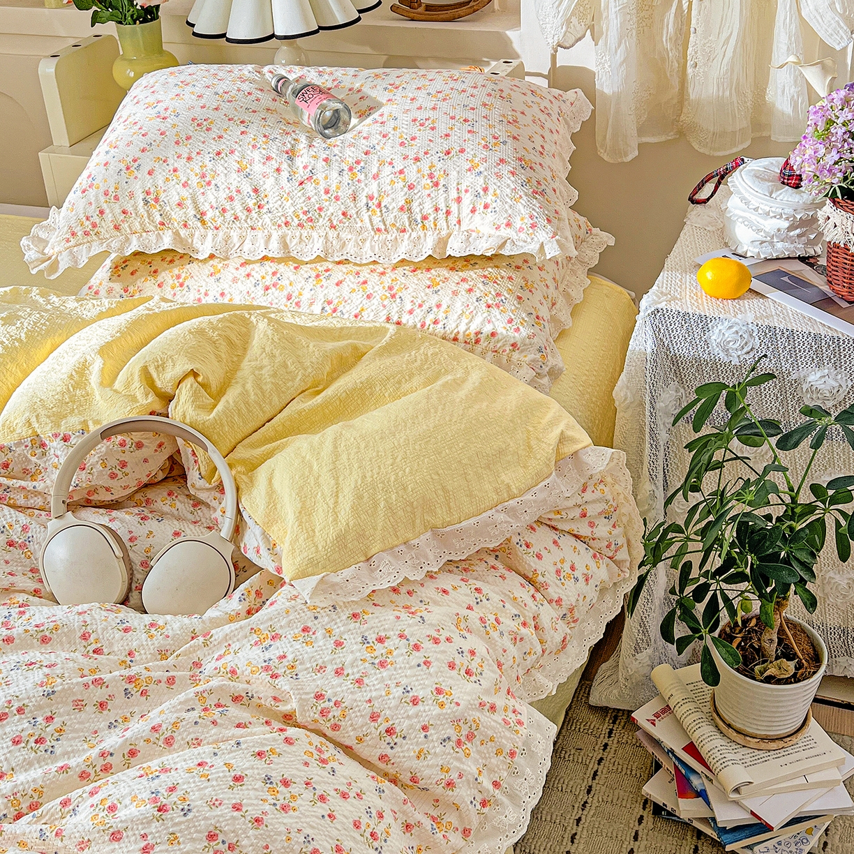 91家纺网 家纺一手货源 找家纺 一比一家纺 2026新款泡芙纱花边四件套 心愿