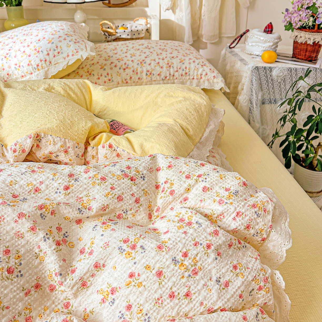 91家纺网 家纺一手货源 找家纺 一比一家纺 2026新款泡芙纱花边四件套 心愿