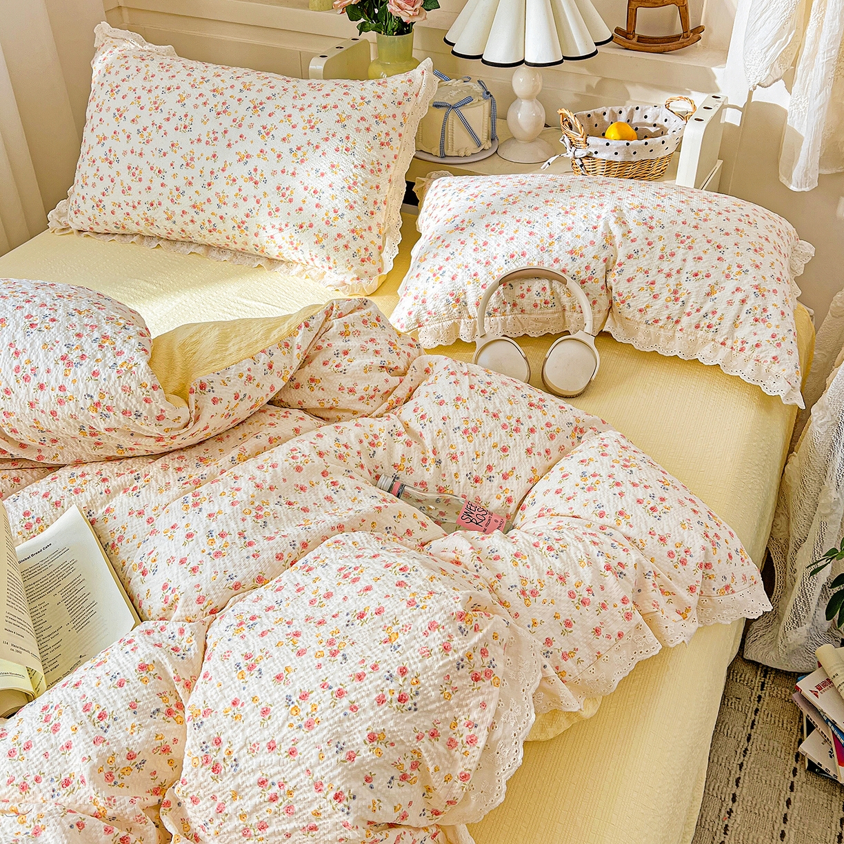 91家纺网 家纺一手货源 找家纺 一比一家纺 2026新款泡芙纱花边四件套 心愿