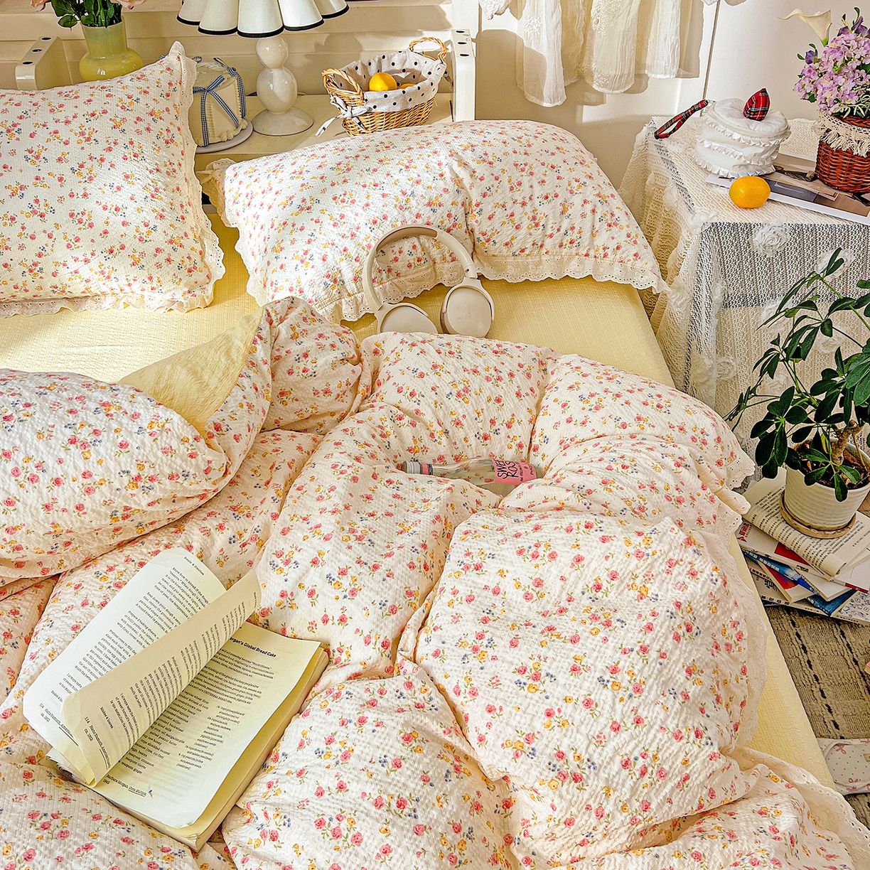 91家纺网 家纺一手货源 找家纺 一比一家纺 2026新款泡芙纱花边四件套 心愿