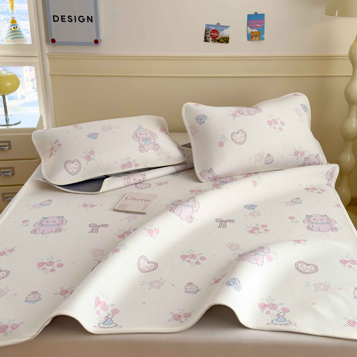 91家纺网 家纺一手货源 找家纺 孩子王家纺 2026春夏新款豆豆席卡通凉感值过0.21可机洗夏天学生宿舍单人空调软席凉席席子 爱心兔 床单款