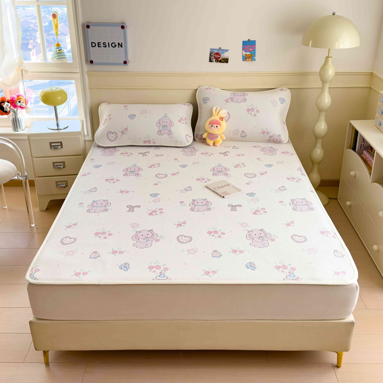 91家纺网 家纺一手货源 找家纺 孩子王家纺 2026春夏新款豆豆席卡通凉感值过0.21可机洗夏天学生宿舍单人空调软席凉席席子 爱心兔 床单款