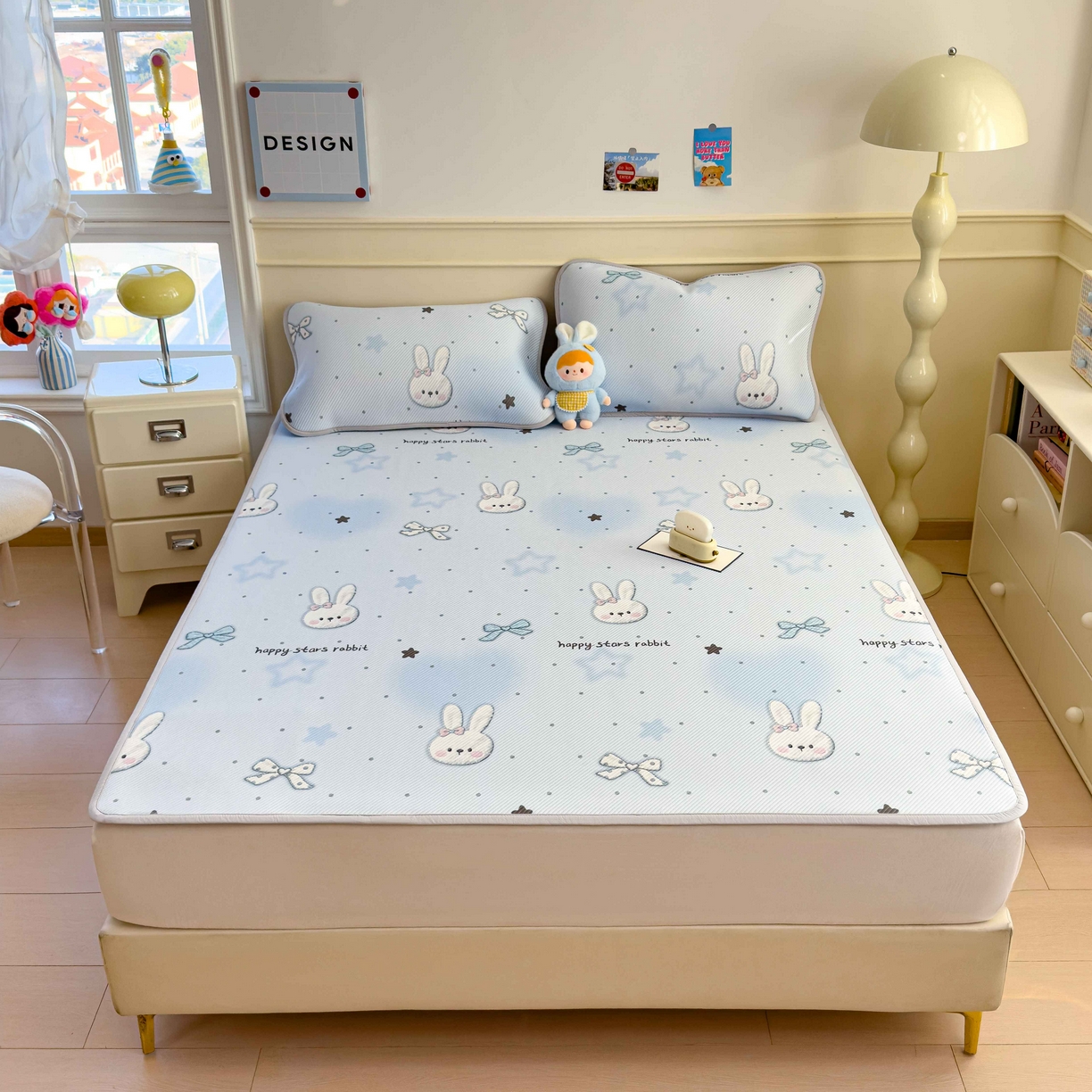 91家纺网 家纺一手货源 找家纺 孩子王家纺 2026春夏新款豆豆席卡通凉感值过0.21可机洗夏天学生宿舍单人空调软席凉席席子 波点星星兔 床单款