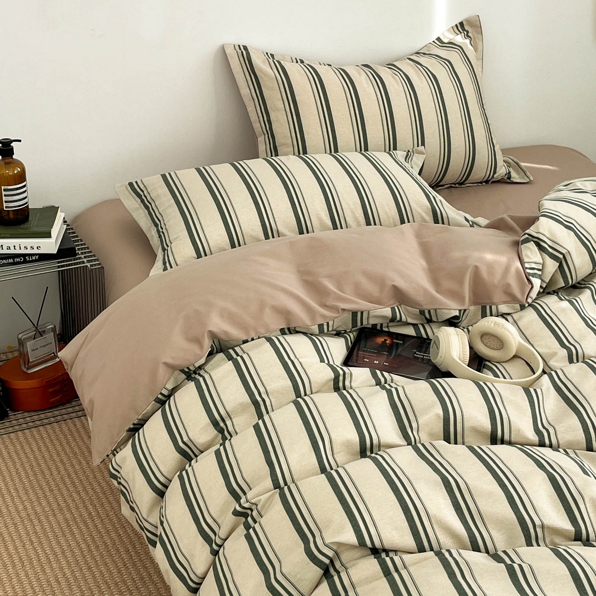 91家纺网 家纺一手货源 找家纺 涵宸家纺 2026新款全棉印花简约四件套 复古绿条