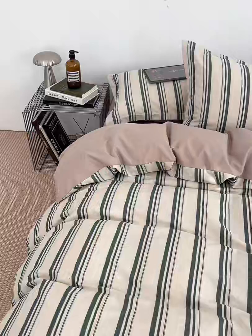 91家纺网 家纺一手货源 找家纺 涵宸家纺 2026新款全棉印花简约四件套 复古绿条
