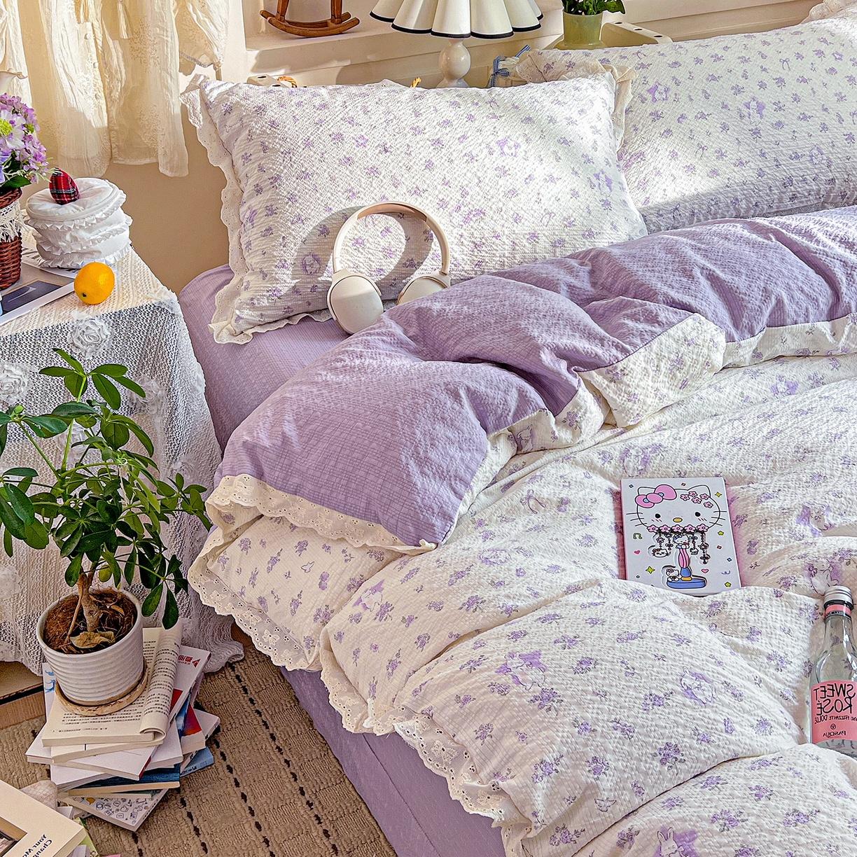 91家纺网 家纺一手货源 找家纺 一比一家纺 2026新款泡芙纱花边四件套 紫色花田