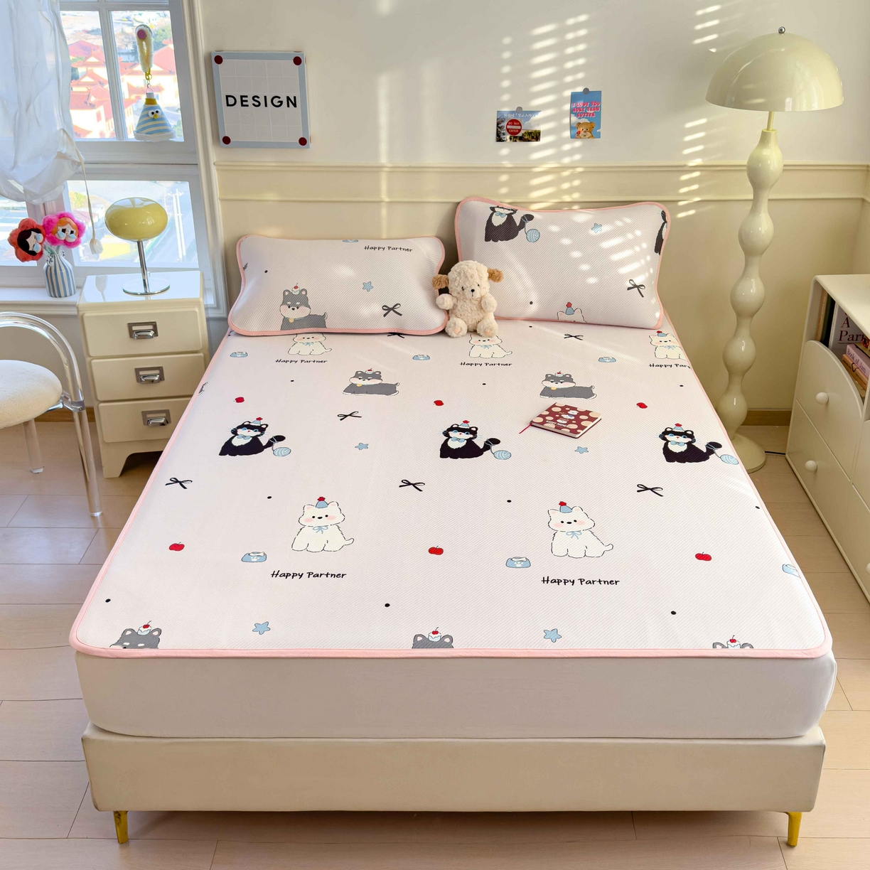 91家纺网 家纺一手货源 找家纺 孩子王家纺 2026春夏新款豆豆席卡通凉感值过0.21可机洗夏天学生宿舍单人空调软席凉席席子 快乐伙伴 床单款