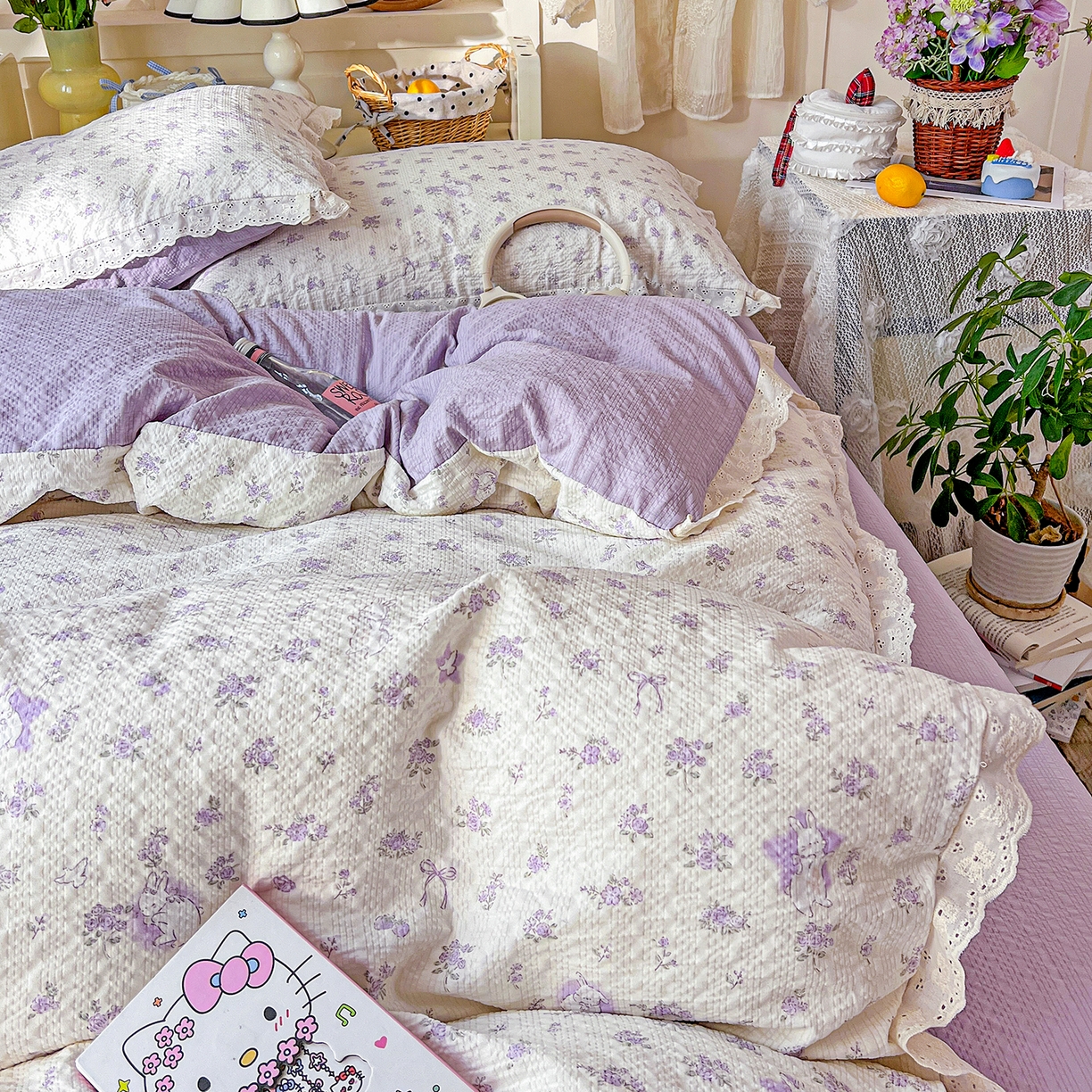 91家纺网 家纺一手货源 找家纺 一比一家纺 2026新款泡芙纱花边四件套 紫色花田