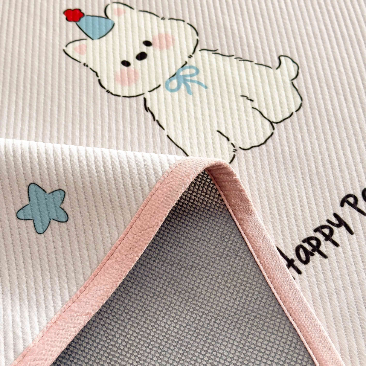 91家纺网 家纺一手货源 找家纺 孩子王家纺 2026春夏新款豆豆席卡通凉感值过0.21可机洗夏天学生宿舍单人空调软席凉席席子 快乐伙伴 床单款