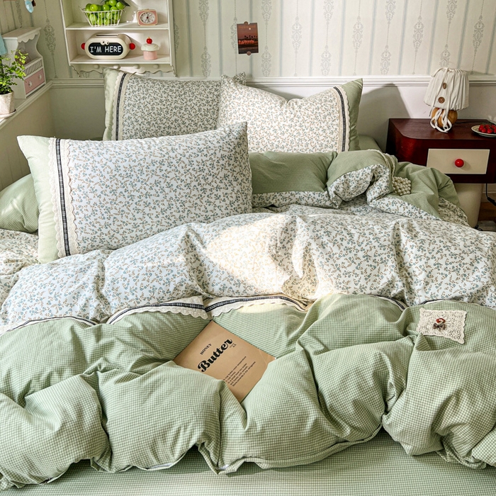 91家纺网 家纺一手货源 找家纺 韩秀家纺 2026新款A类仿棉四件套超柔古法棉水洗棉法式花边床笠四件套 烟雨浅绿（提供买家秀）