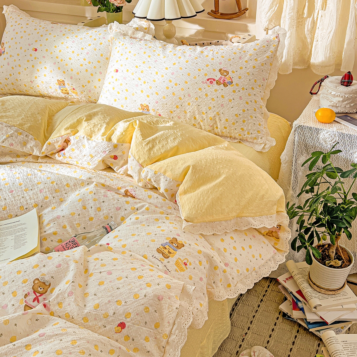 91家纺网 家纺一手货源 找家纺 一比一家纺 2026新款泡芙纱花边四件套 棕熊宝贝