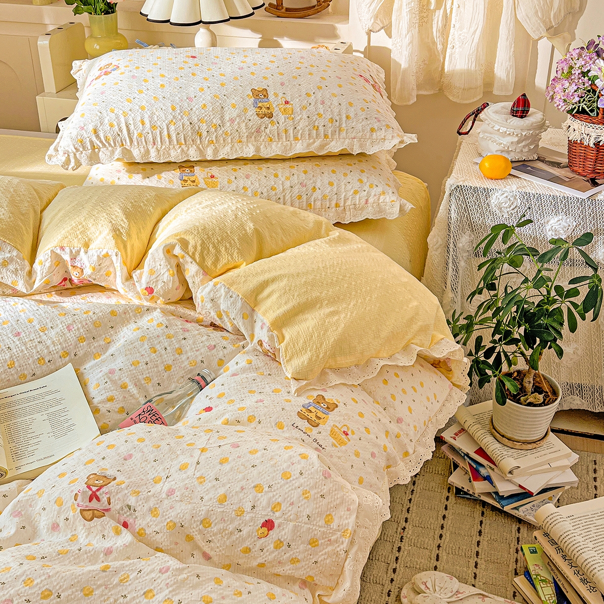 91家纺网 家纺一手货源 找家纺 一比一家纺 2026新款泡芙纱花边四件套 棕熊宝贝