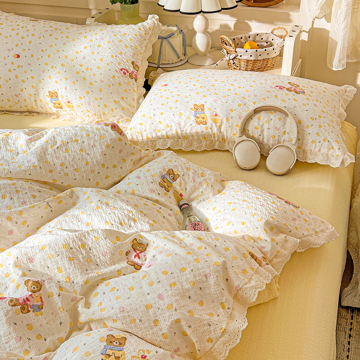 91家纺网 家纺一手货源 找家纺 一比一家纺 2026新款泡芙纱花边四件套 棕熊宝贝