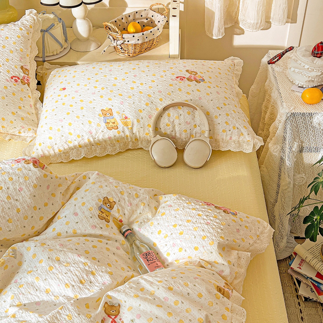 91家纺网 家纺一手货源 找家纺 一比一家纺 2026新款泡芙纱花边四件套 棕熊宝贝