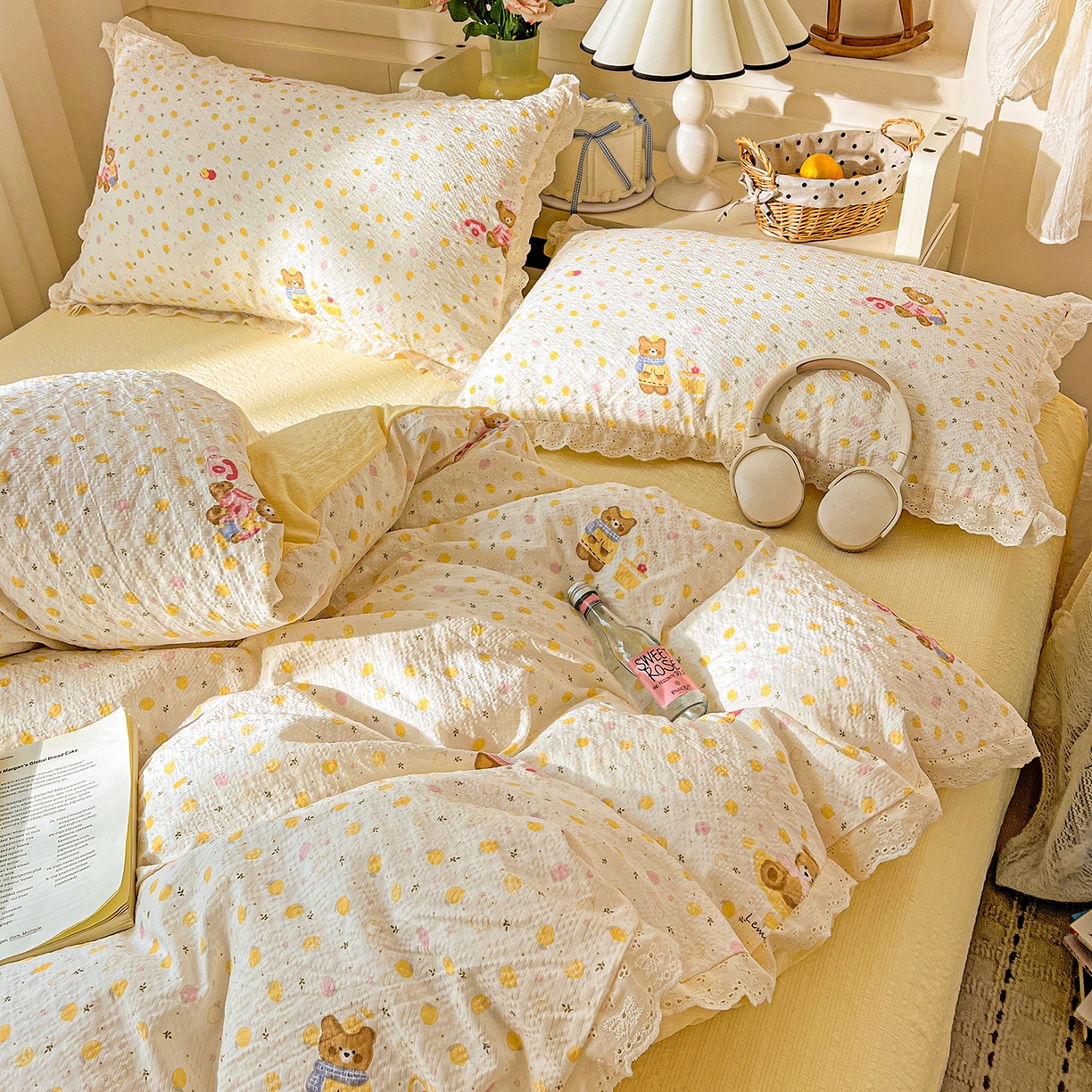 91家纺网 家纺一手货源 找家纺 一比一家纺 2026新款泡芙纱花边四件套 棕熊宝贝