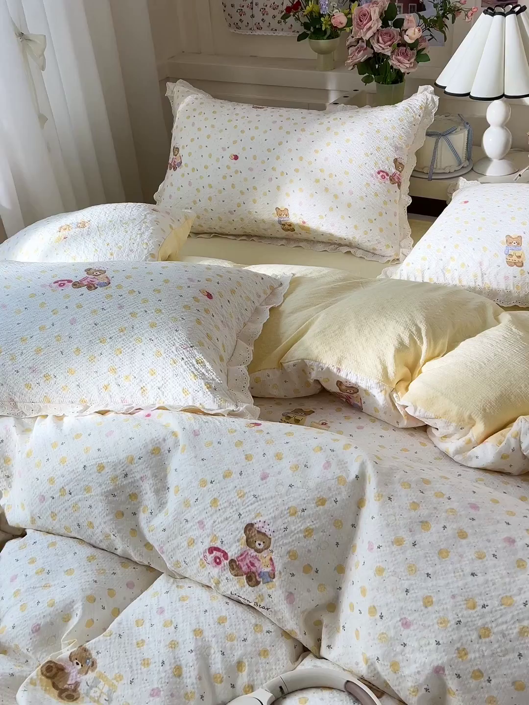 91家纺网 家纺一手货源 找家纺 一比一家纺 2026新款泡芙纱花边四件套 棕熊宝贝