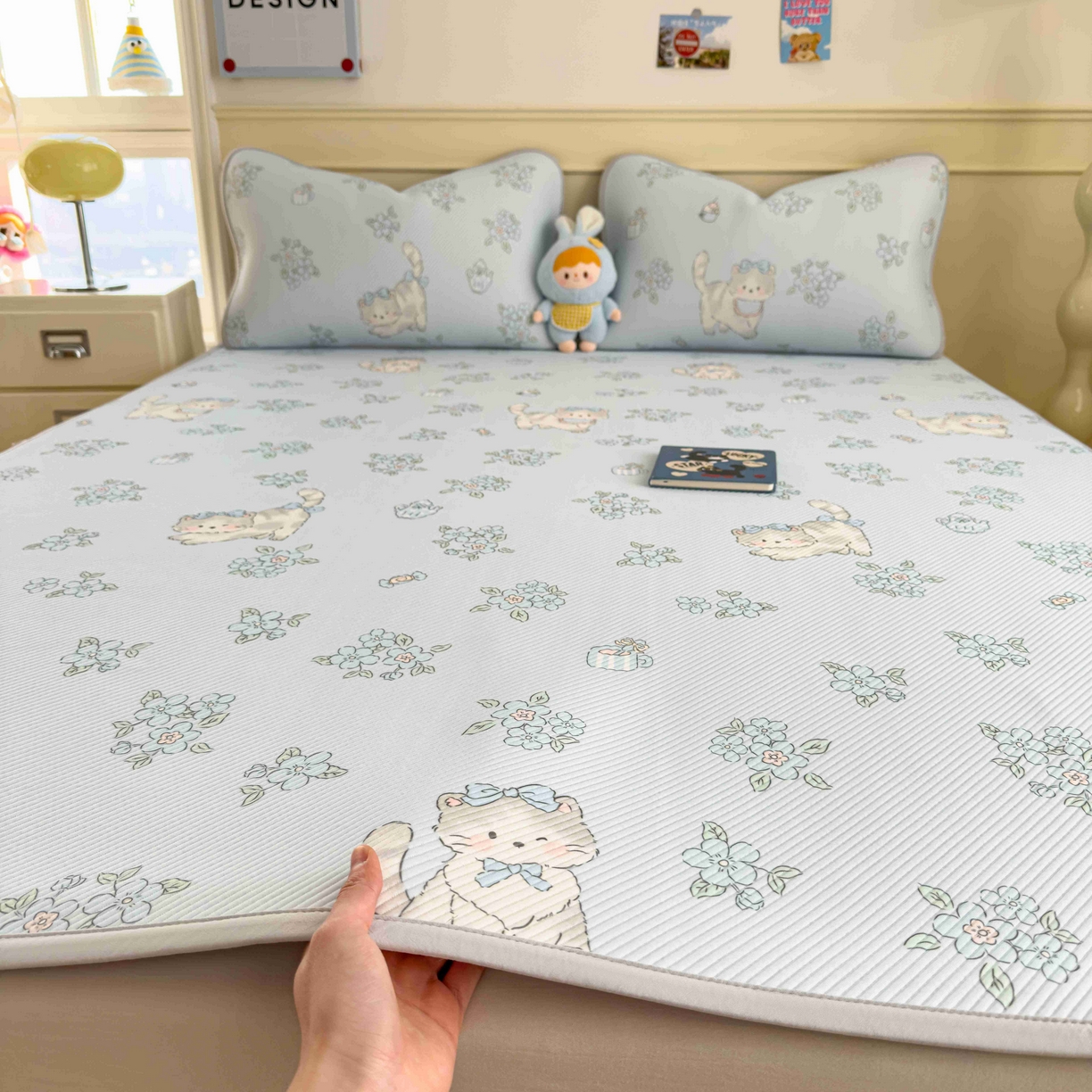 孩子王家纺 2026春夏新款豆豆席卡通凉感值过0.21可机洗夏天学生宿舍单人空调软席凉席席子 小花猫 床单款