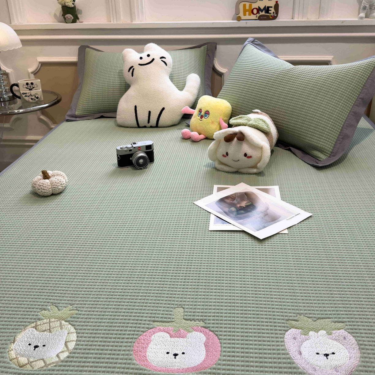 91家纺网 家纺一手货源 找家纺 孩子王家纺 2026春夏新款乙纶冰豆豆凉席凉感值过0.21冰丝席-华夫格绣花空调软席凉席席子 奶冻喵-果绿 床单款