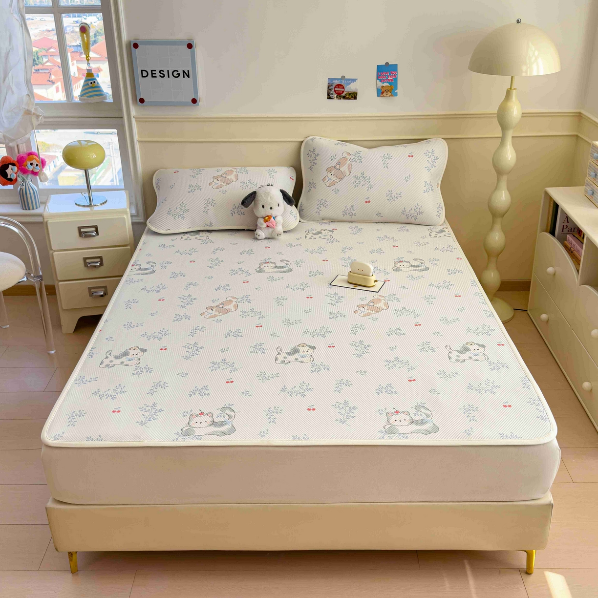 91家纺网 家纺一手货源 找家纺 孩子王家纺 2026春夏新款豆豆席卡通凉感值过0.21可机洗夏天学生宿舍单人空调软席凉席席子 樱桃泡泡狗 床单款