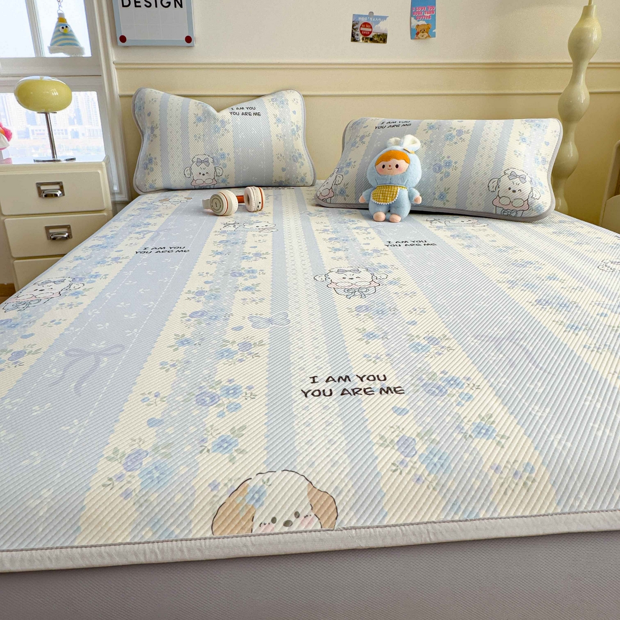 91家纺网 家纺一手货源 找家纺 孩子王家纺 2026春夏新款豆豆席卡通凉感值过0.21可机洗夏天学生宿舍单人空调软席凉席席子 花园物语 床笠款