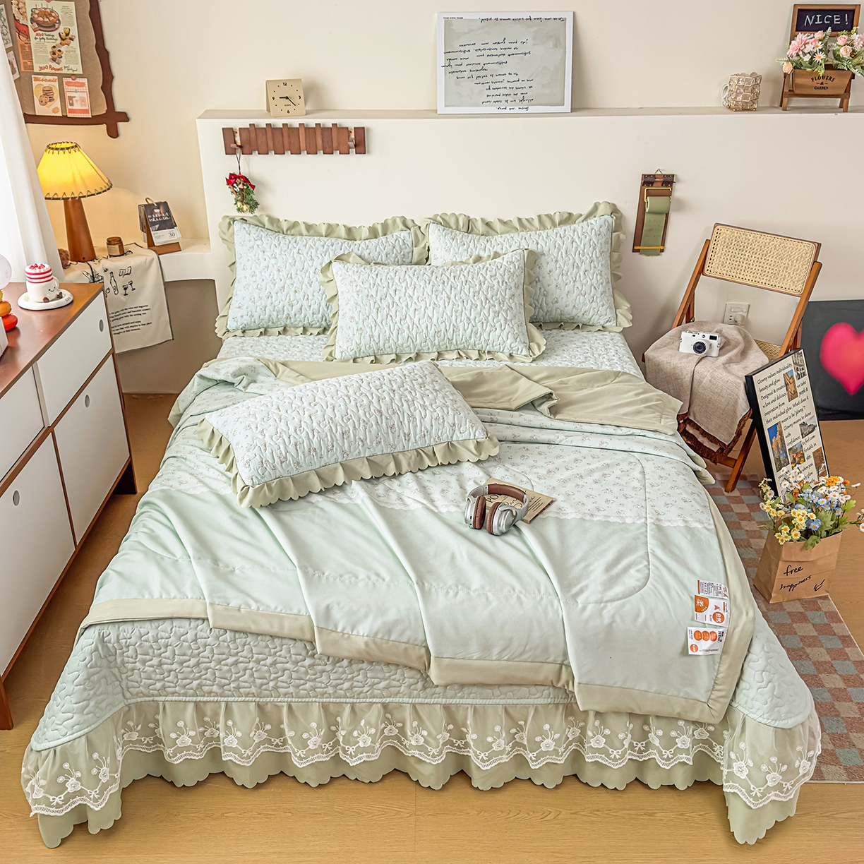 91家纺网 家纺一手货源 找家纺 雅眠居 2026新款直播爆款古法仿棉双层蕾丝花边床盖四件套 秘境-绿