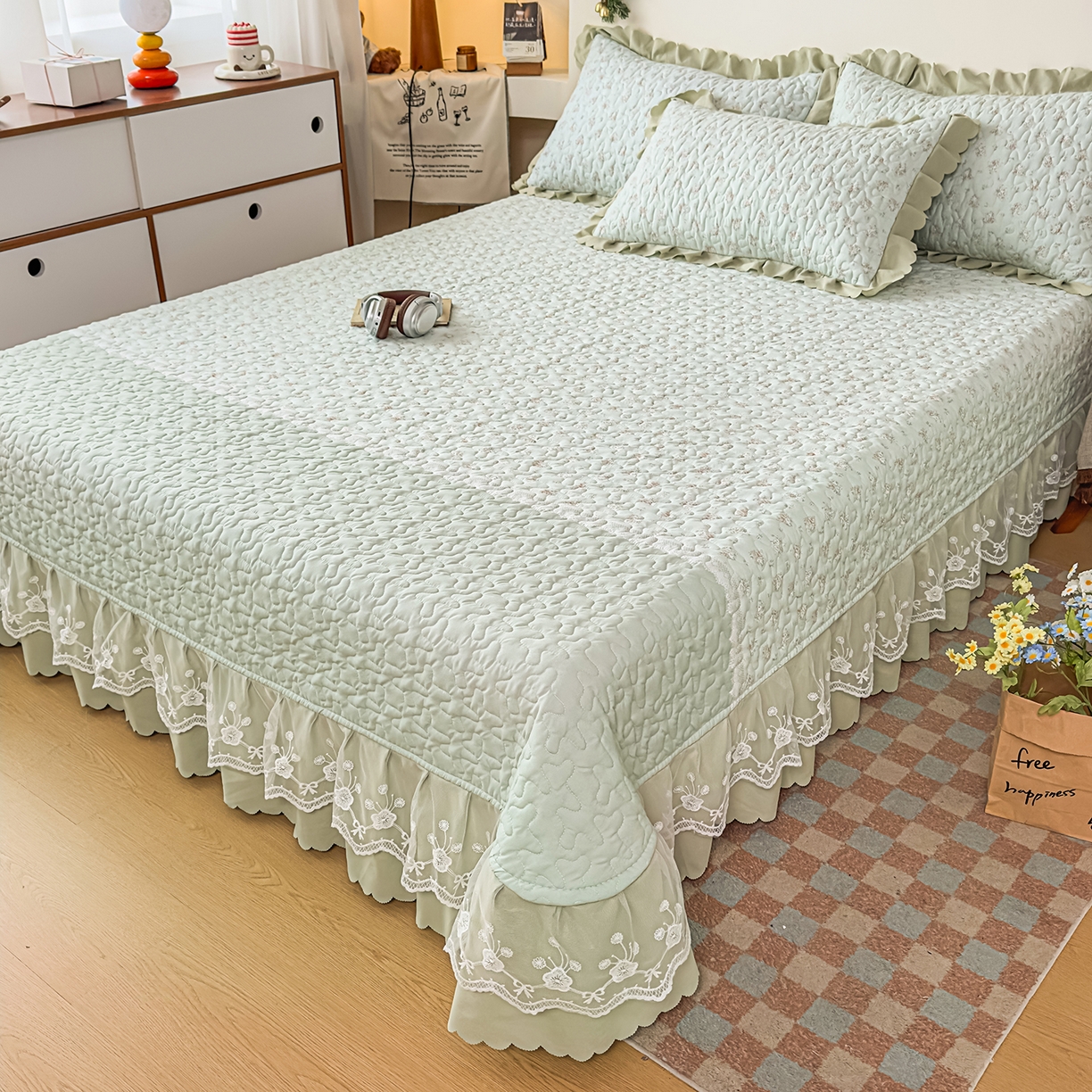 91家纺网 家纺一手货源 找家纺 雅眠居 2026新款直播爆款古法仿棉双层蕾丝花边床盖四件套 秘境-绿