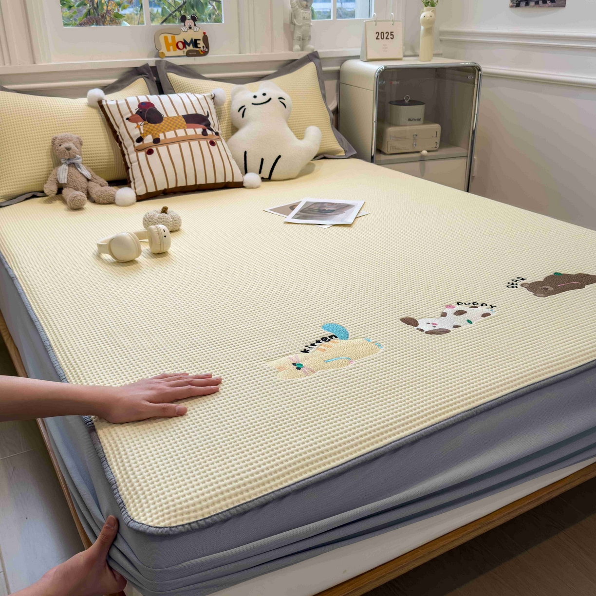 孩子王家纺 2026春夏新款乙纶冰豆豆凉席凉感值过0.21冰丝席-华夫格绣花空调软席凉席席子 懒懒小憩 床笠款