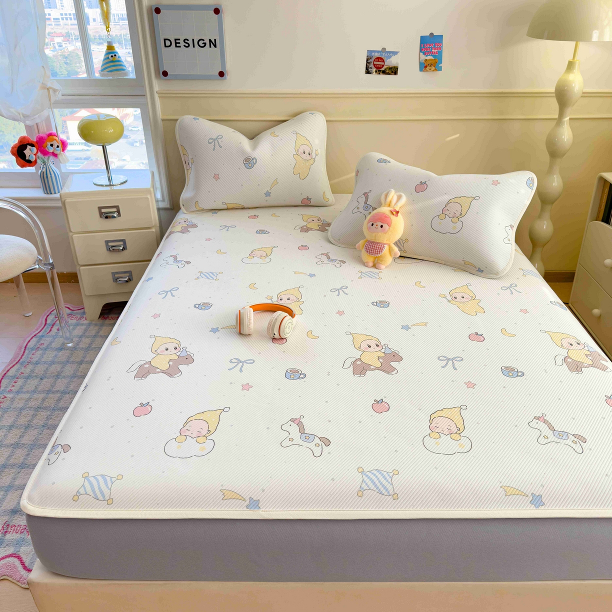 91家纺网 家纺一手货源 找家纺 孩子王家纺 2026春夏新款豆豆席卡通凉感值过0.21可机洗夏天学生宿舍单人空调软席凉席席子 魔力星 床笠款