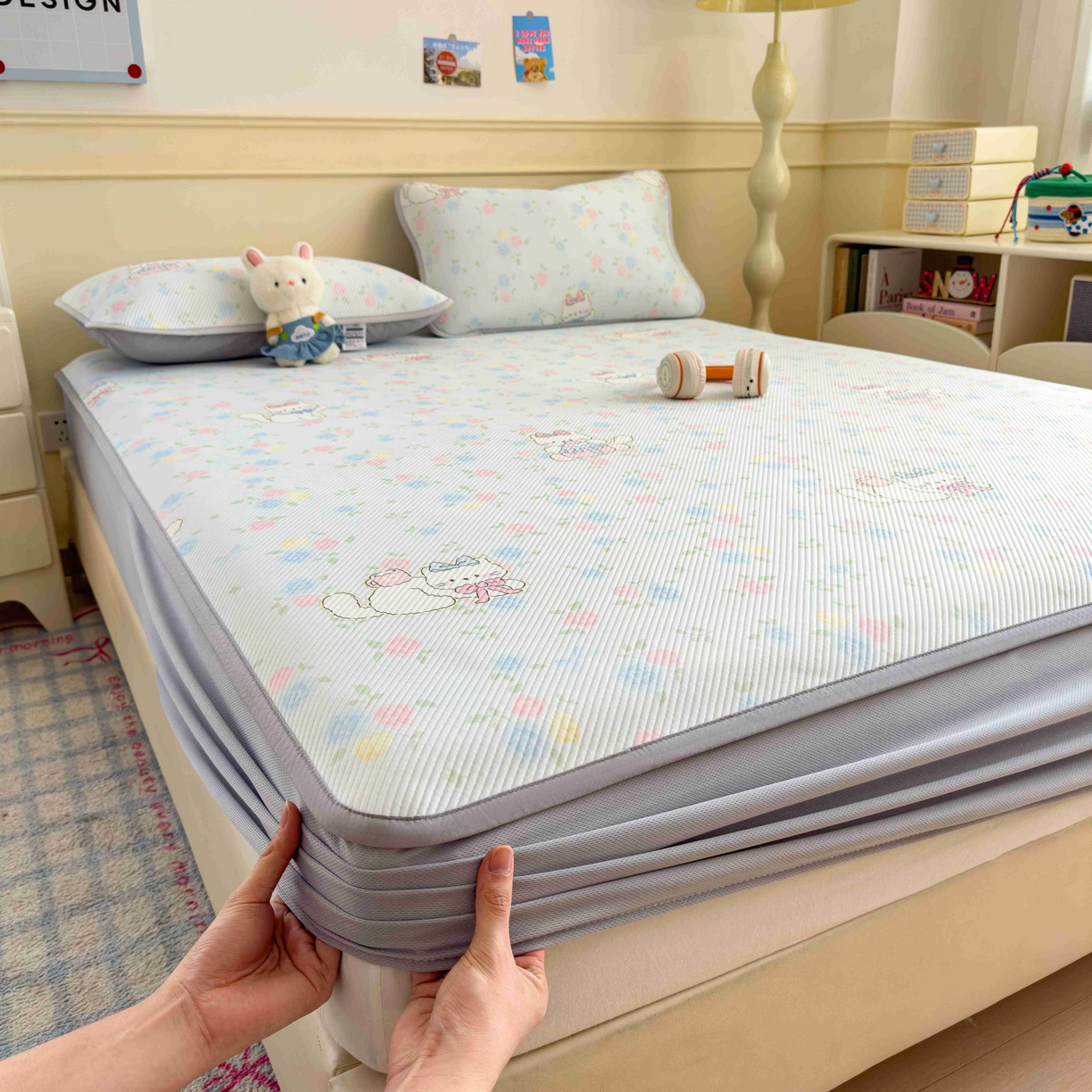 孩子王家纺 2026春夏新款豆豆席卡通凉感值过0.21可机洗夏天学生宿舍单人空调软席凉席席子 奶茶布丁 床笠款