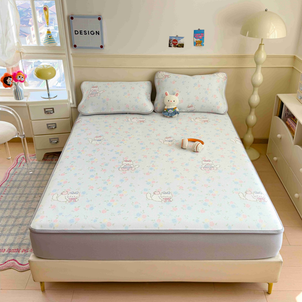 91家纺网 家纺一手货源 找家纺 孩子王家纺 2026春夏新款豆豆席卡通凉感值过0.21可机洗夏天学生宿舍单人空调软席凉席席子 奶茶布丁 床笠款