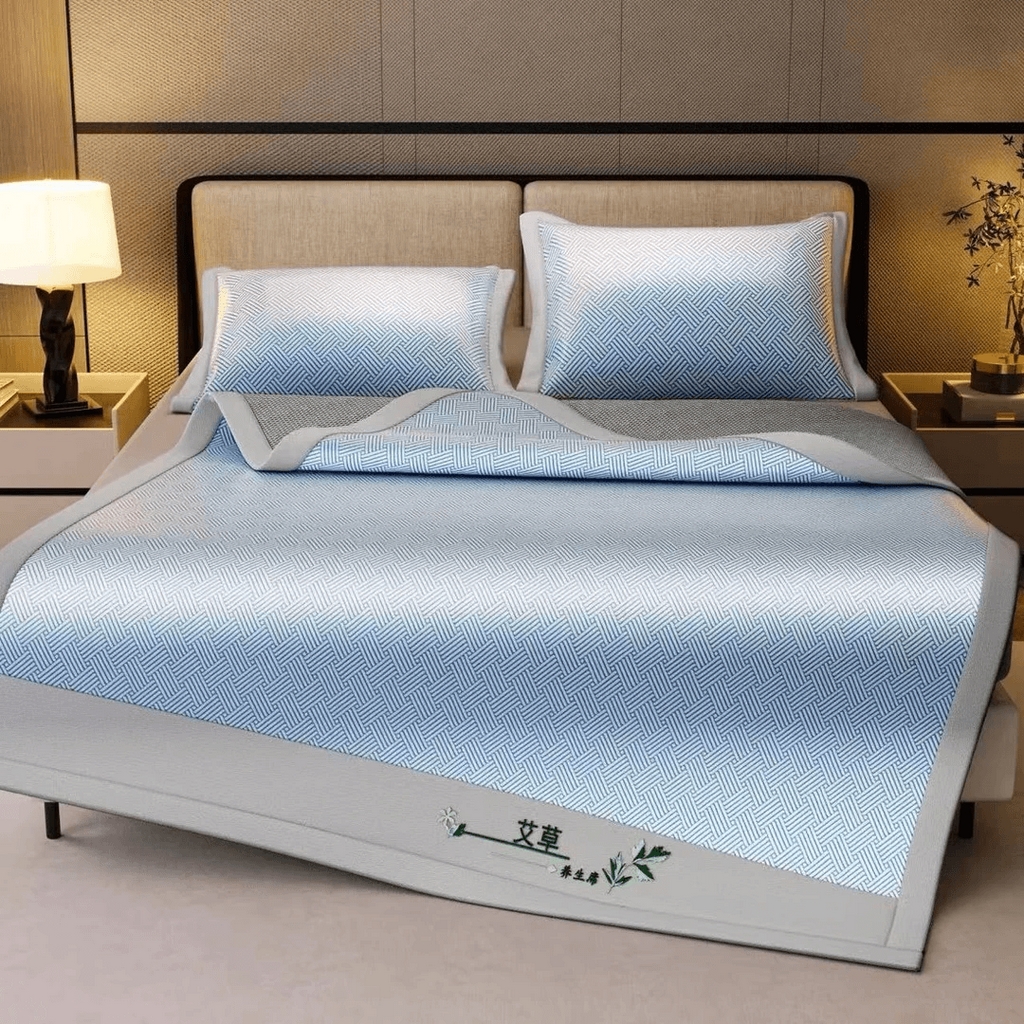 步步高席业 2026新款直播热款艾草凉感饼干花冰丝席凉席 蓝色