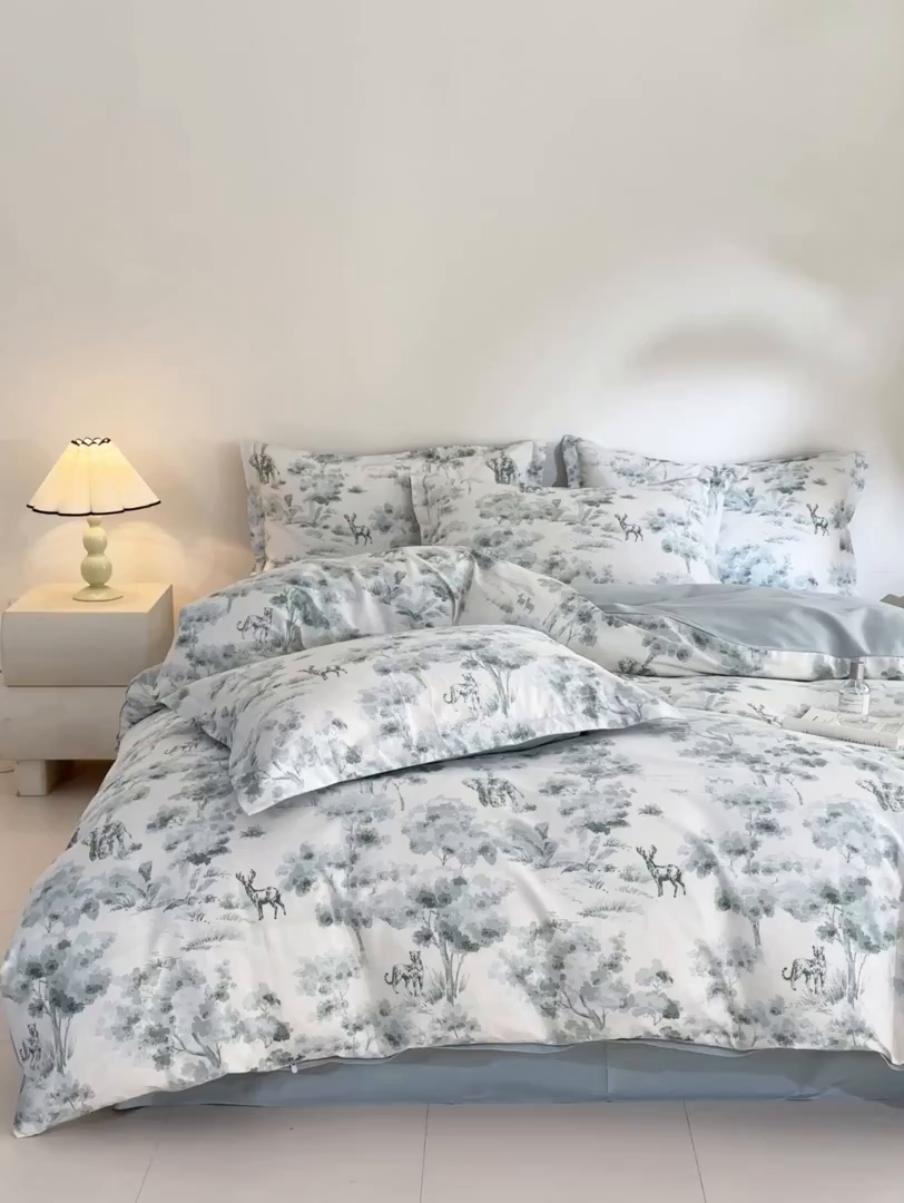 91家纺网 家纺一手货源 找家纺 涵宸家纺 2026新款全棉印花花卉四件套 绿涧