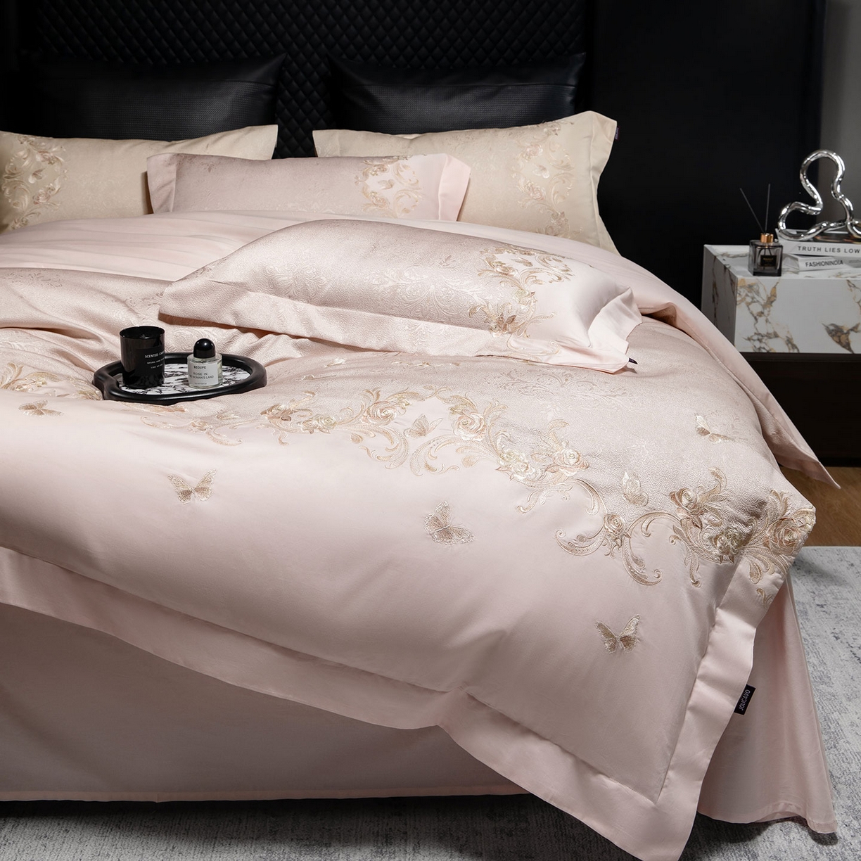 91家纺网 家纺一手货源 找家纺 乔利卡沃 2026高端新品A类100支长绒棉纯棉四件套100全棉厚织提花高档重工刺绣被套床单床笠床上用品-觅棠 觅棠-柔雪粉